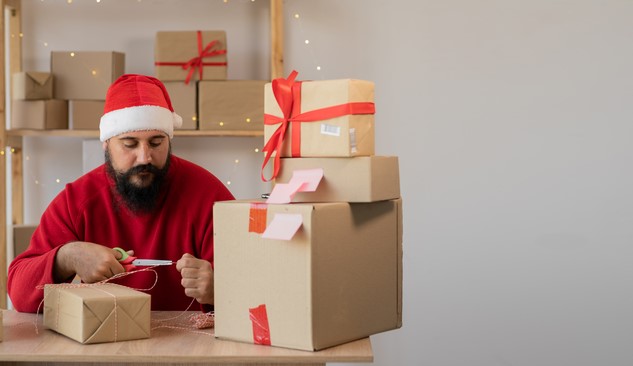 Man in Santa hat packing boxes