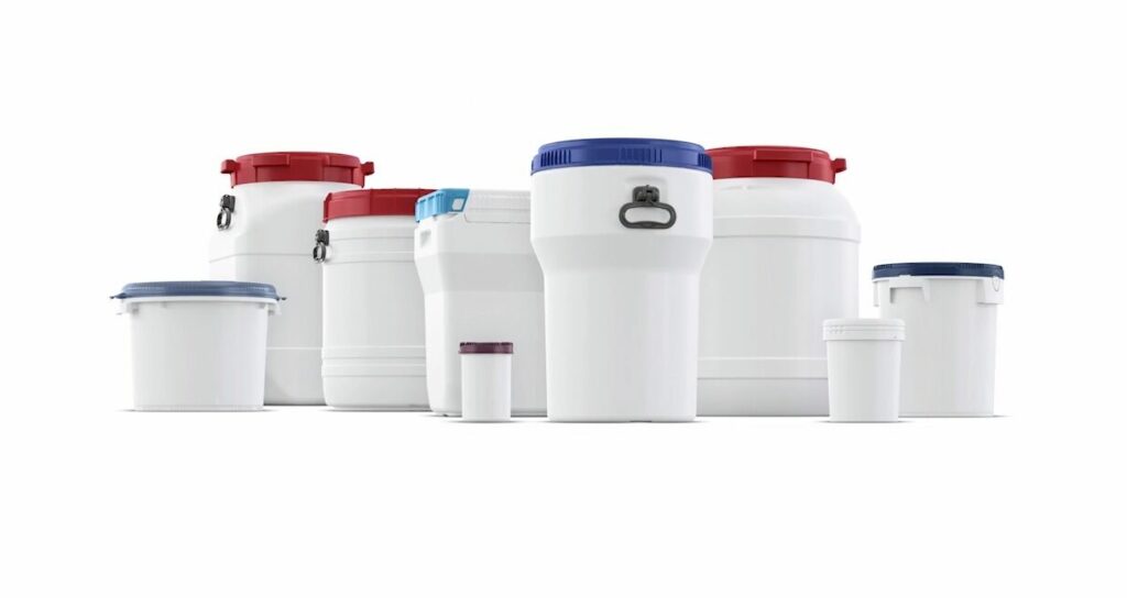 9 plastic drums with lids in different sizes supplied by Industrial Packaging in Ireland